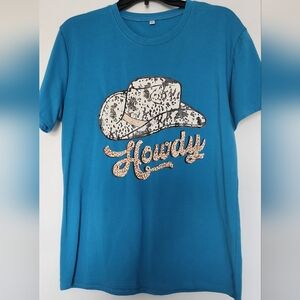 Howdy Graphic Tee in Teal with Leopard Accents